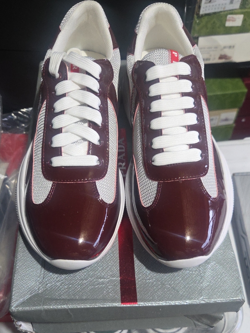 Prada Men's Burgundy and White Low-Top Sneakers